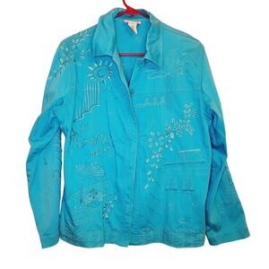 Graff Womens Blue Beaded Embroidered Floral Shacket Size Med Coastal Grandma